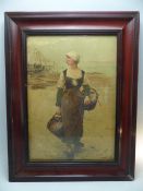 Antique aquatint of a lady in a seaside scene with fishing baskets. Mounted and glazed in a mahogany