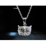 Silver owl pendant necklace with crystal eyes on silver chain. Stamped 925