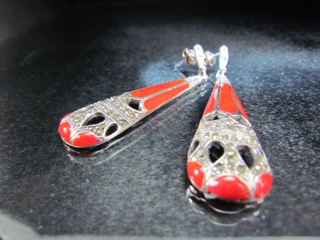 Pair of silver and enamel set earrings, stamped 925 - Image 2 of 3