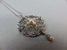 Edwardian (unmarked) Platinum set Diamond and Pearl Pendant, hung on a modern 18” Platinum ‘ball’