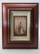 Painting on Ivory of an Indian Lady picking berries from a tree, framed (painting approx 7.5cm x