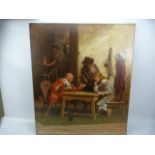 Oil on Canvas, Dutch/ Flemish of a 18th century Tavern scene with customers playing cards and a
