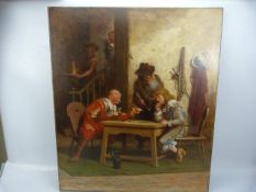 Oil on Canvas, Dutch/ Flemish of a 18th century Tavern scene with customers playing cards and a