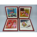 Four Korean fabric prints framed and signed "at"