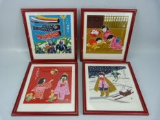 Four Korean fabric prints framed and signed "at"