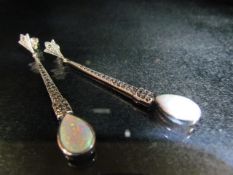 Pair of silver marcasite and opal drop earrings, marked 925