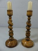 Pair of large barley twist wooden candlesticks
