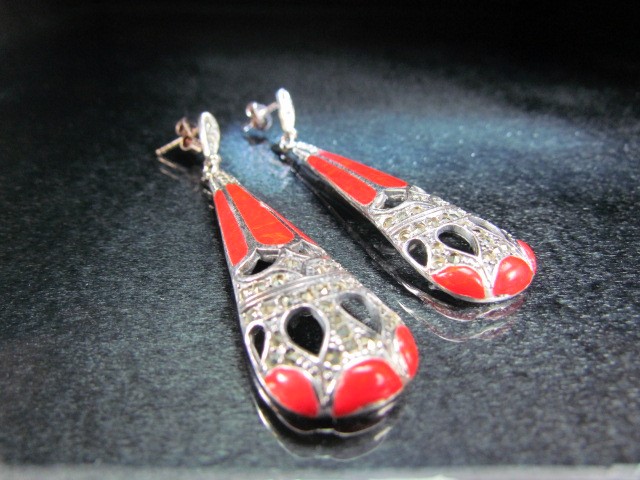 Pair of silver and enamel set earrings, stamped 925