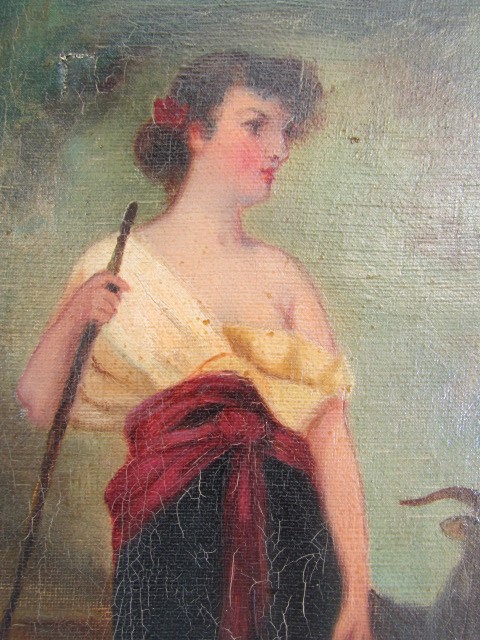M Goodman - oil on canvas depicting a lady Shepherdess and a goat. Some damage to canvas - Image 3 of 6