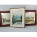 Pair of Watercolour scenes of Paddy fields both signed RONY and one other (signature indistinct)