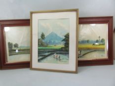 Pair of Watercolour scenes of Paddy fields both signed RONY and one other (signature indistinct)