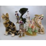 Collection of various ceramics to include Staffordshire man on zebra, cat with glass eyes and a