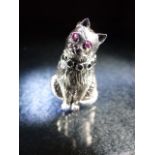 Silver cat pendant with ruby eyes and emerald collar