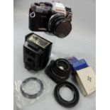 Olympus OM10 Camera with additional lens 50mm, flash gun and filters etc