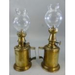 TWO LATE 19TH CENTURY FRENCH BRASS OIL PIGEON LAMPS with glass chimneys: LAMPE - PIGEON