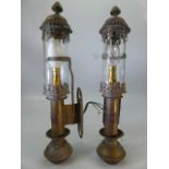 A pair of brass railway wall sconce lights, with applied plaque marked 'GWR' and cylindrical clear