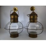 Pair of brass, onion-shaped, ship style lanterns. Height of each approx. 42cm