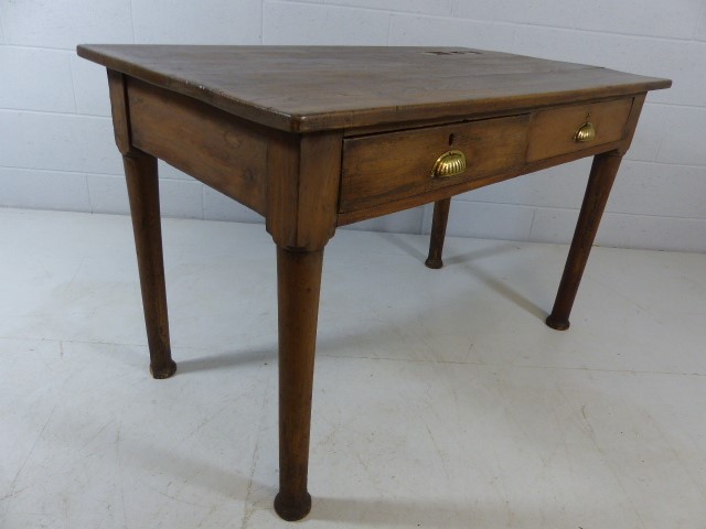 Original Teachers desk with Brass plated ink wells and brass shell handles to two drawers - Image 6 of 6