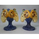 Pair of rams head majolica urns / spill vases on pedestal bases (possibly Minton or Staffordshire)