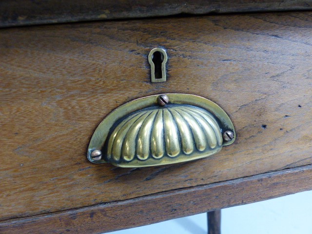 Original Teachers desk with Brass plated ink wells and brass shell handles to two drawers - Image 3 of 6