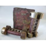 Pair of vintage SANDOWS hand grip exercise dumbbells in original tin box