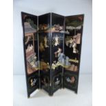 Oriental black-lacquered four fold screen depicting scenes of women
