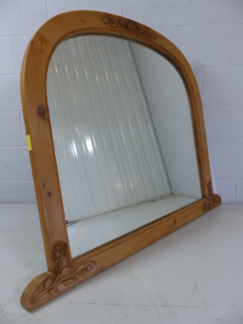 Large pine overmantle mirror with carved floral decoration - Image 4 of 4