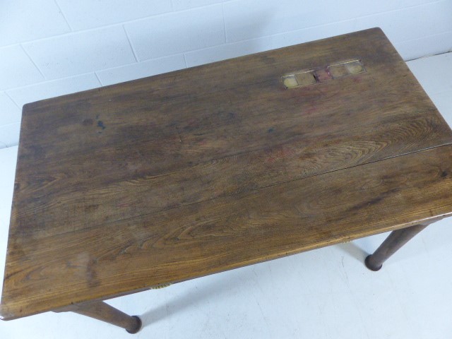 Original Teachers desk with Brass plated ink wells and brass shell handles to two drawers - Image 4 of 6