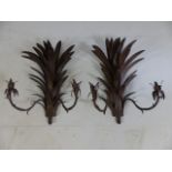 Pair of ornate metal palm leaf wall sconces