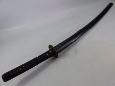 Japanese sword KATANA, lightly curved blade approx 73cm in length. Iron Tsubu with a landscape