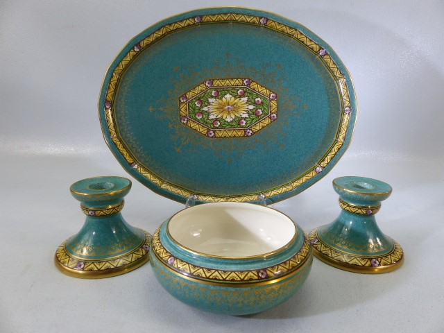 Mintons oval tray, candle sticks and bowl