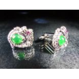 Pair of silver dragon style cufflinks set with Jadeite, cased