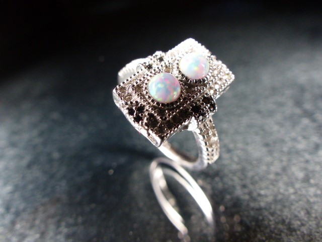 Silver, CZ and Opal panelled dress ring