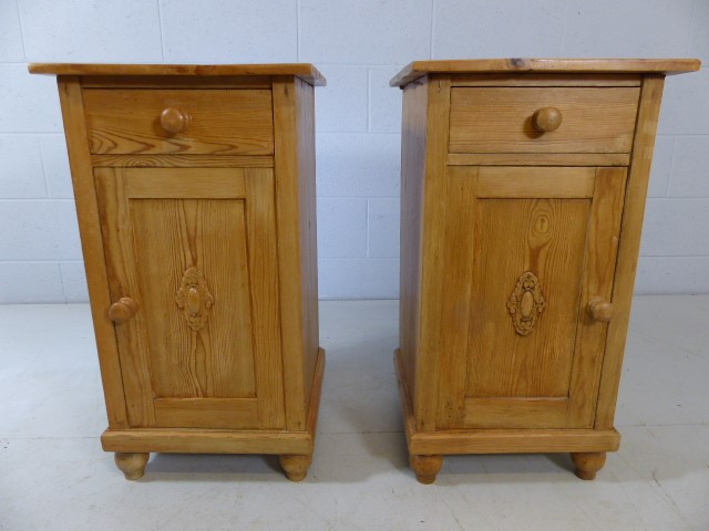 Pair of antique pine Bedside tables with matching carved motifs
