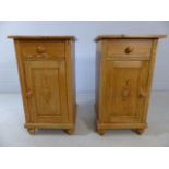 Pair of antique pine Bedside tables with matching carved motifs