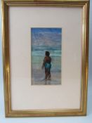 I. Lesley Main: Watercolour 6.5" x 3.5" dated 1991 "Enjoying the Sun and Sea" Label to reverse for