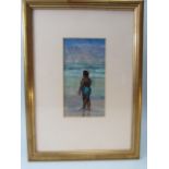 I. Lesley Main: Watercolour 6.5" x 3.5" dated 1991 "Enjoying the Sun and Sea" Label to reverse for