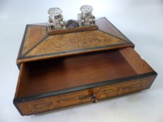 Walnut writing box with original glass ink wells mounted to the lid and a carved bust separating the