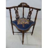 Corner chair with turned legs and cross stretcher with tapestry seat