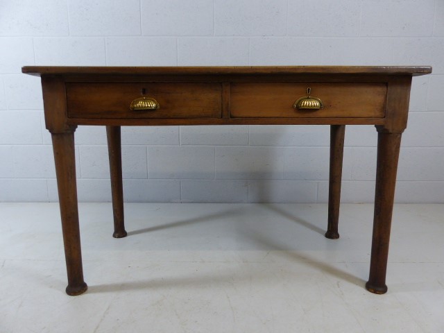 Original Teachers desk with Brass plated ink wells and brass shell handles to two drawers - Image 2 of 6