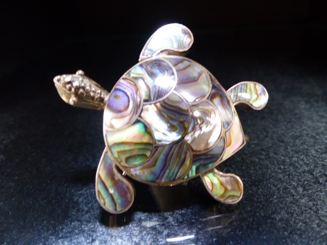 Tortoise Brooch set on 925 Silver the shell made from New Zealand Paua Shell