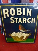 AN ENAMEL ADVERTISING SIGN, ROBIN STARCH, white lettering on blue and green background with image of