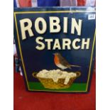 AN ENAMEL ADVERTISING SIGN, ROBIN STARCH, white lettering on blue and green background with image of