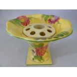 Devon Ware vase with insert - floral decoration on a yellow ground, approx 15.5cm high