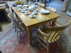 Pine Kitchen table (approx 152cm x 98cm) with two rustic pine chairs and four modern pine chairs (