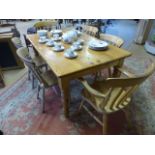 Pine Kitchen table (approx 152cm x 98cm) with two rustic pine chairs and four modern pine chairs (