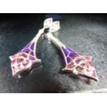 Pair of silver and plique a jour drop earrings, cased