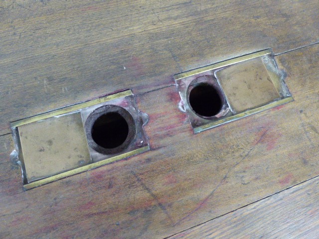 Original Teachers desk with Brass plated ink wells and brass shell handles to two drawers - Image 5 of 6