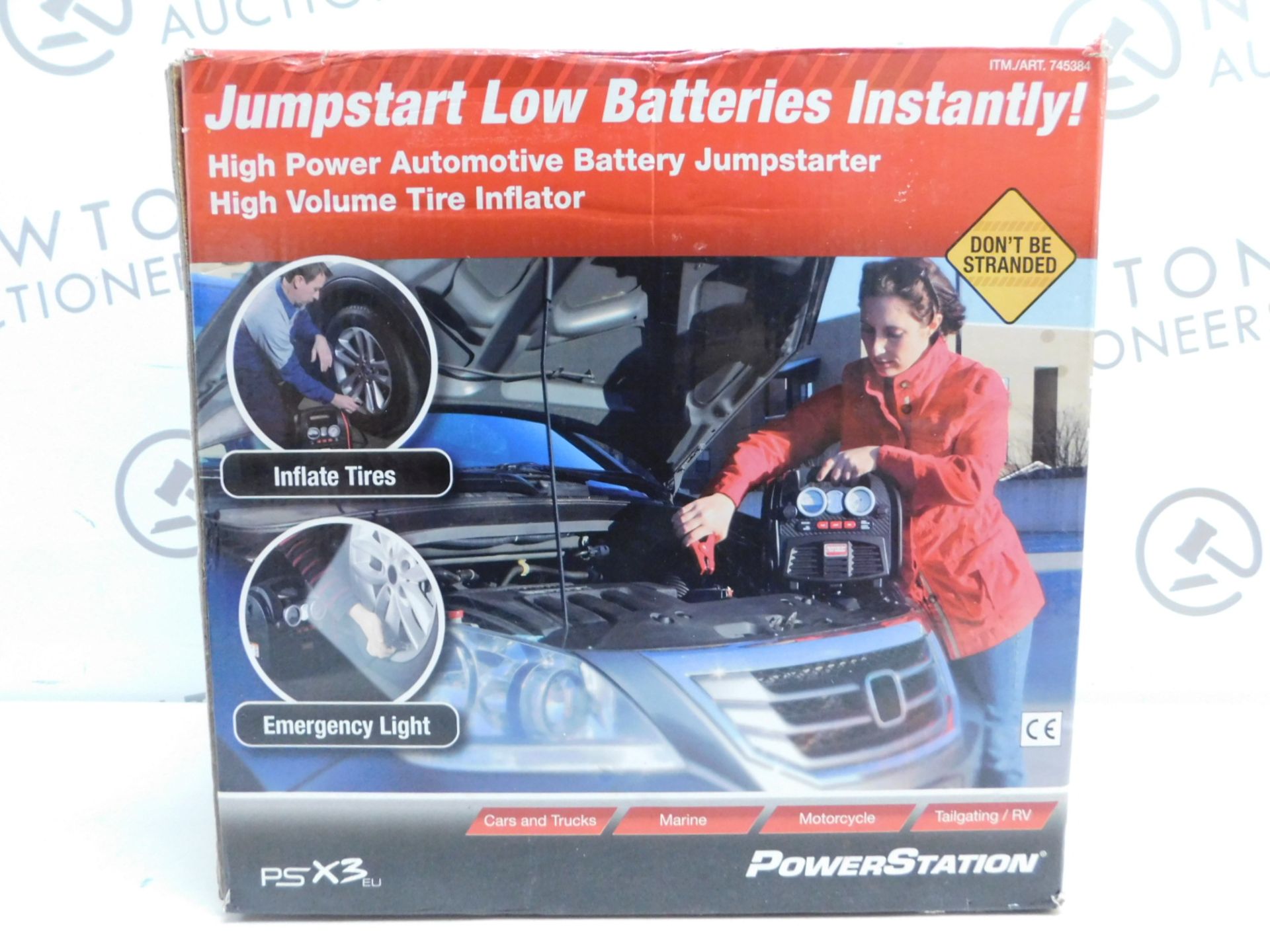 1 BOXED POWERSTATION PSX3 BATTERY JUMPSTARTER WITH BUILT IN LIGHT AND COMPRESSOR RRP £159