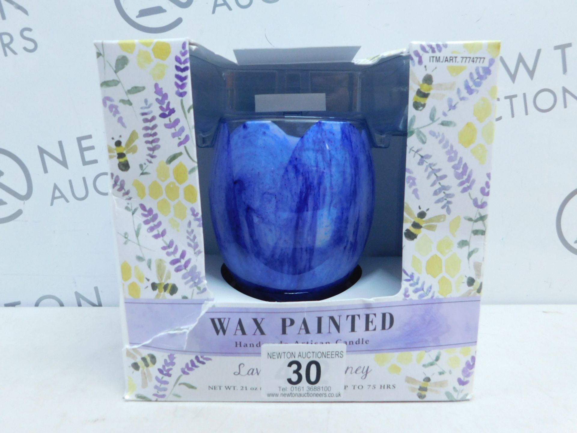 1 BOXED WAX PAINTED HANDMADE ARTISAN CANDLE IN LAVENDER AND HONEY RRP £29.99